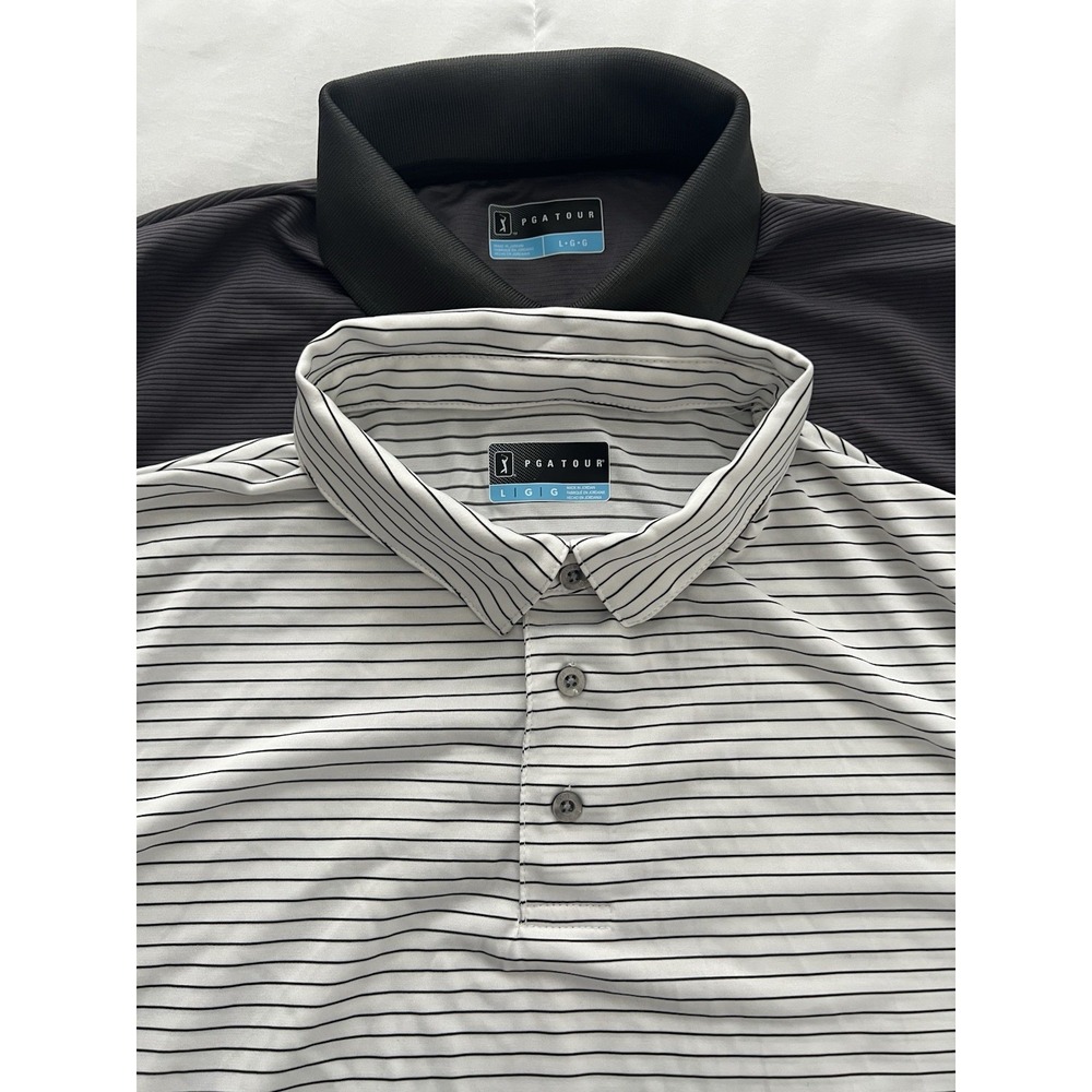 PGA Tour Golf Polo Shirt Lot 2 Men's Large Gray White Striped Performance Logo